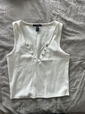 Forever 21 White Ribbed V-Neck Snap-Trim Tank Top